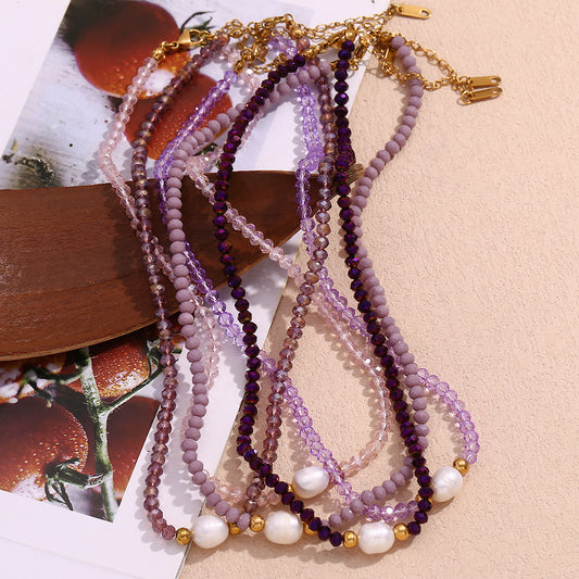 Collana con Pendente Geometrico Minimalista in Acciaio Inossidabile con Perla d'Acqua Dolce e Perle di Cristallo Viola da Donna