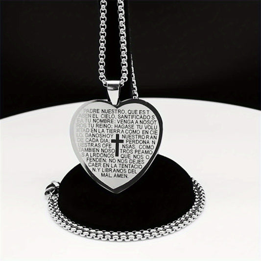 Collana con ciondolo a cuore e croce stile vintage in acciaio inossidabile con ciondolo in acciaio al titanio e finitura placcata, unisex