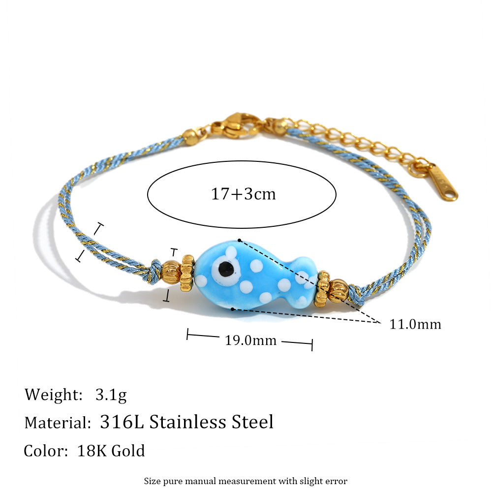 Bracciale da donna in corda intrecciata color oro, placcato in oro 18 carati, stile OL alla moda, a forma di pesce