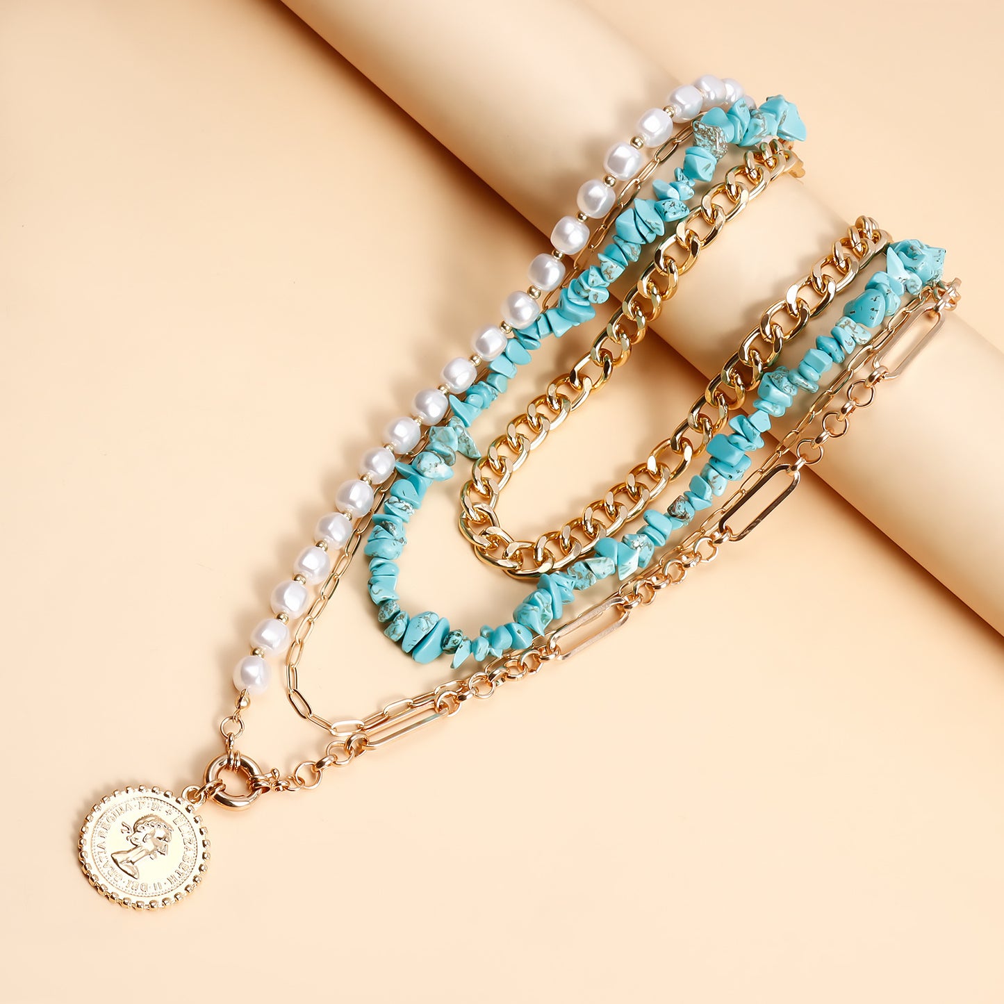 Bohemian Geometric Imitation Pearl Beaded Necklace for Women with Electroplated Alloy Pendant and Clavicle Chain
