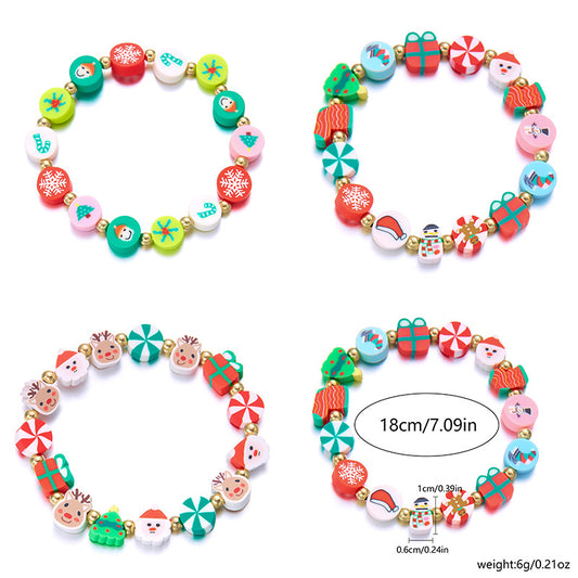 Pulsera navideña hecha a mano de arcilla polimérica para mujer con dijes de copo de nieve y Papá Noel. Joyería festiva para las fiestas.