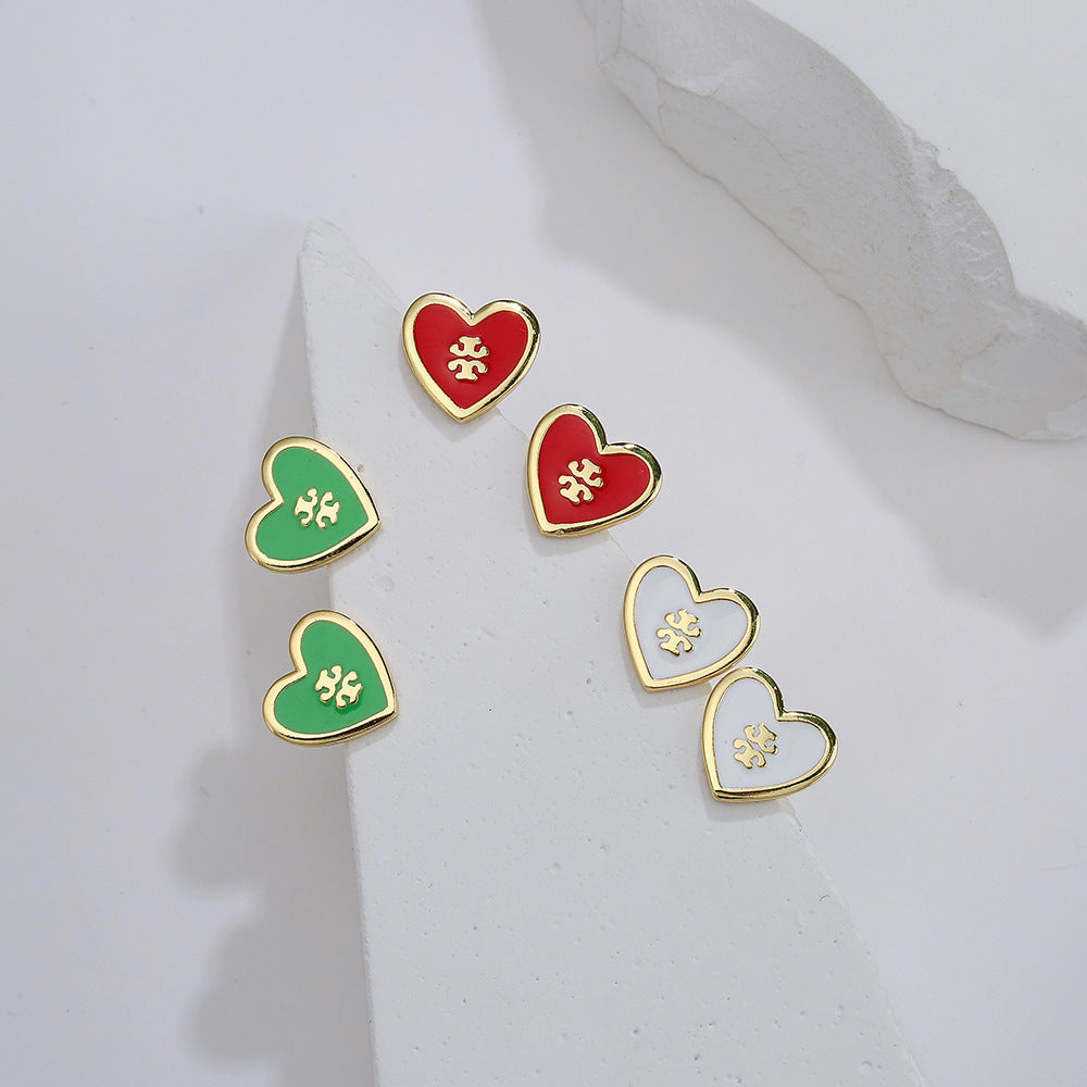 Vintage Ins Style 18K Gold Plated Enamel Heart Geometric Copper Stud Earrings for Women