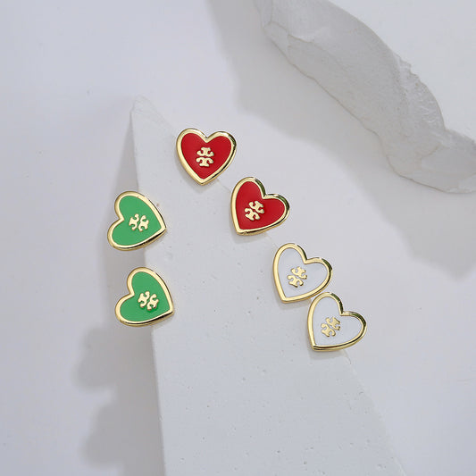 Vintage Ins Style 18K Gold Plated Enamel Heart Geometric Copper Stud Earrings for Women
