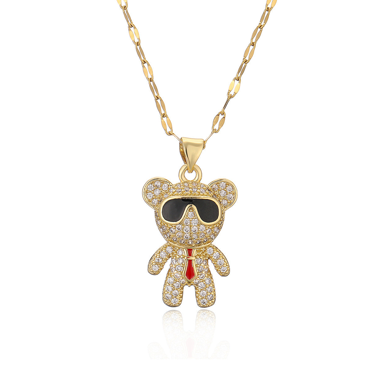 Cute Bear Pendant Necklace for Women in Copper with Real Gold Plating and Zircon Geometric Locket Style