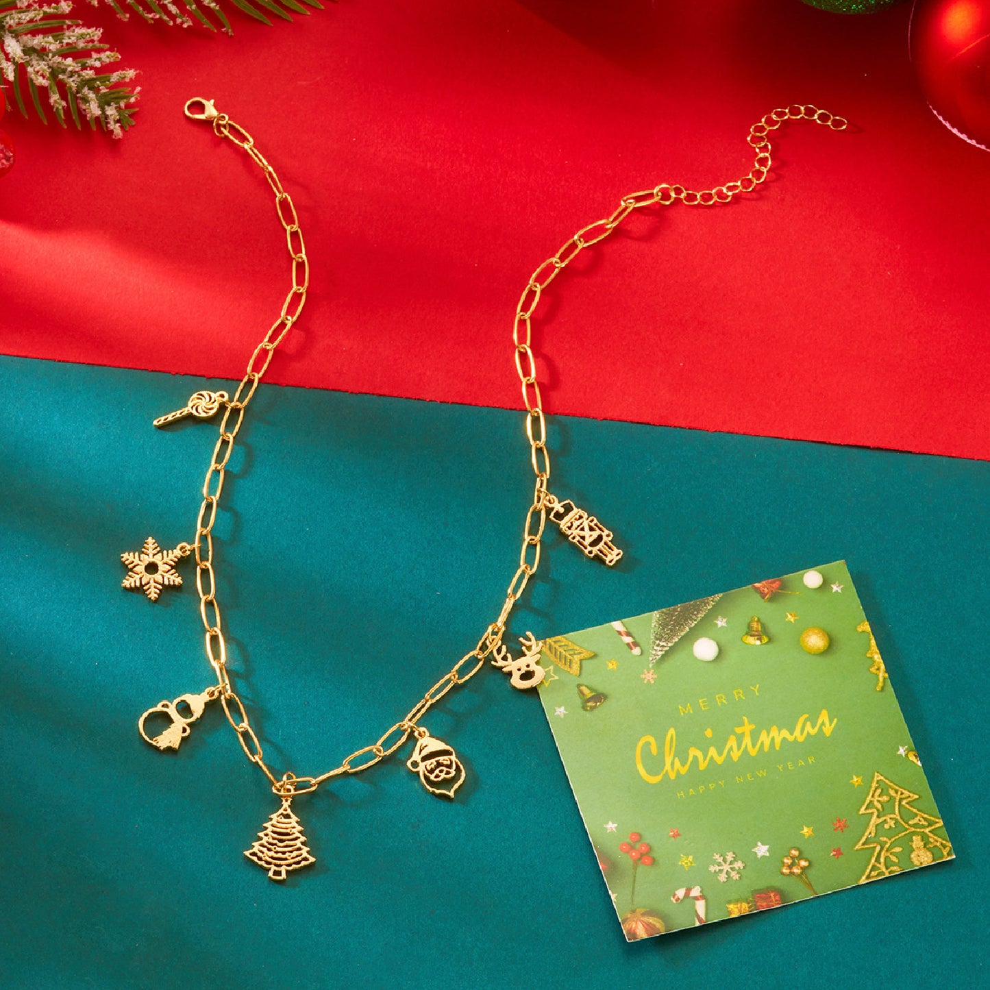 Collana con Ciondolo a Ghirlanda Natalizia alla Moda con Motivi di Campanella di Babbo Natale e Fiocco di Neve da Donna, Collana Placcata in Lega di Zinco per Regali di Natale