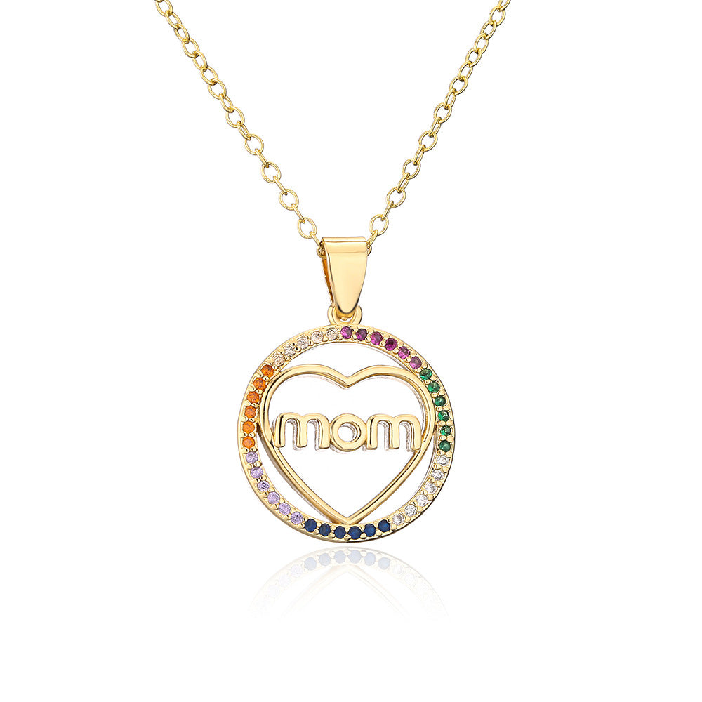 Geometric MOM Pendant Necklace in Copper with Micro-Pave Zirconia and 18K Gold Plating for Women