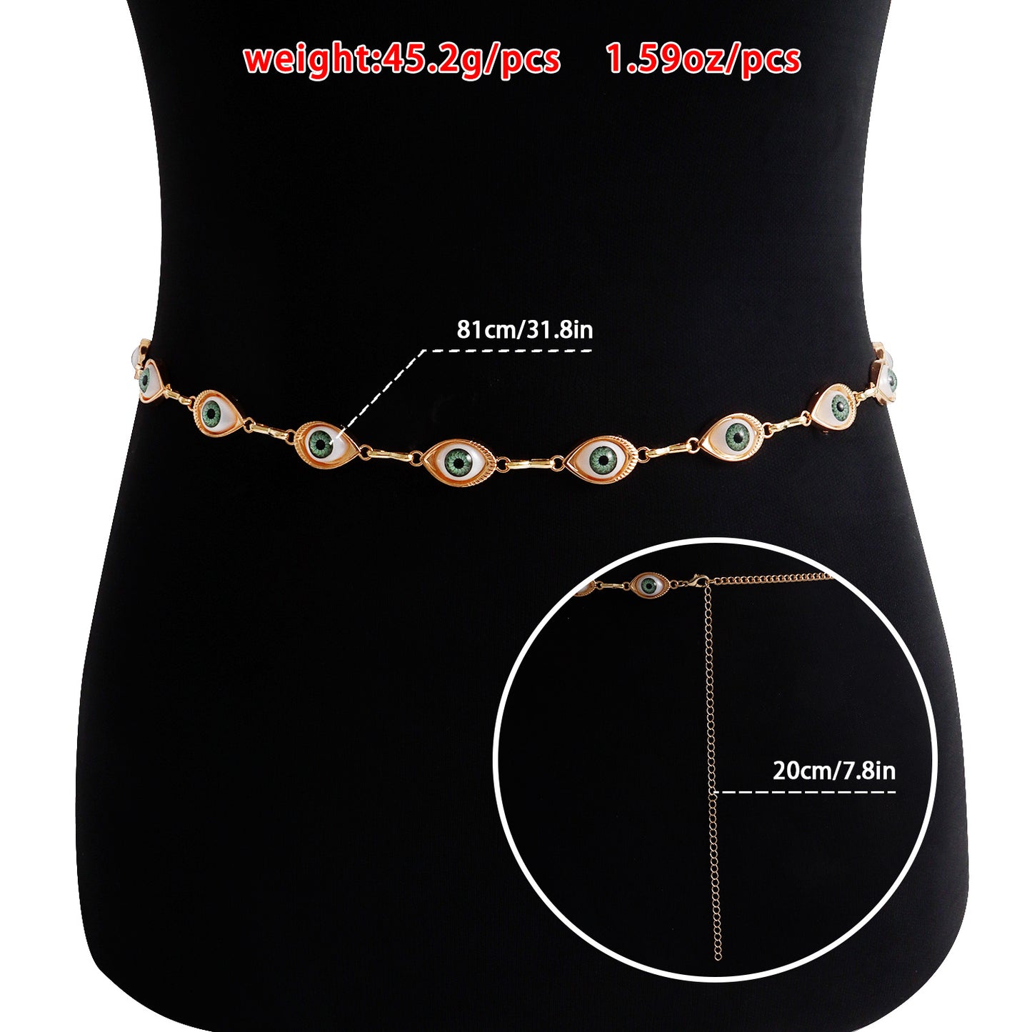 Punk Style Single-Layer Green Eye Waist Chain for Women Made of Metal Casual Vacation Body Jewelry