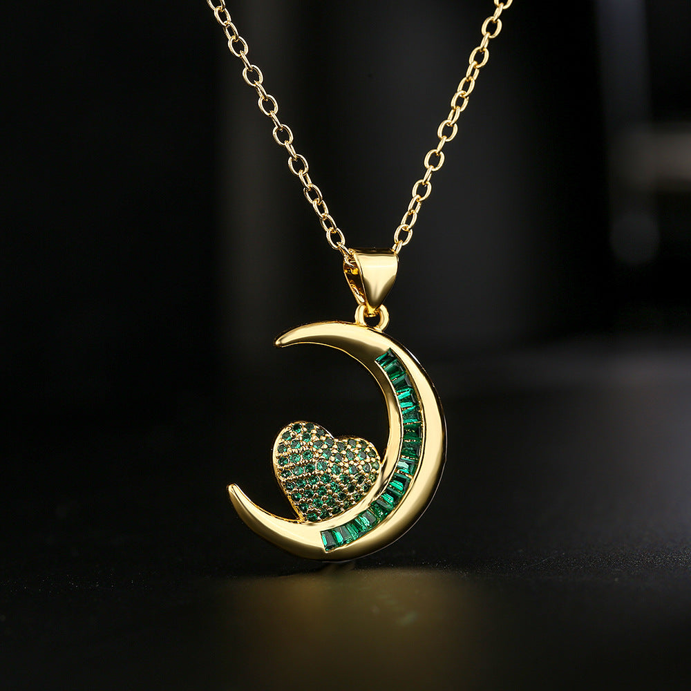 Geometric Evil Eye Pendant Necklace for Women in Copper with 18K Gold Plating and Green Zircon, Vintage INS Style
