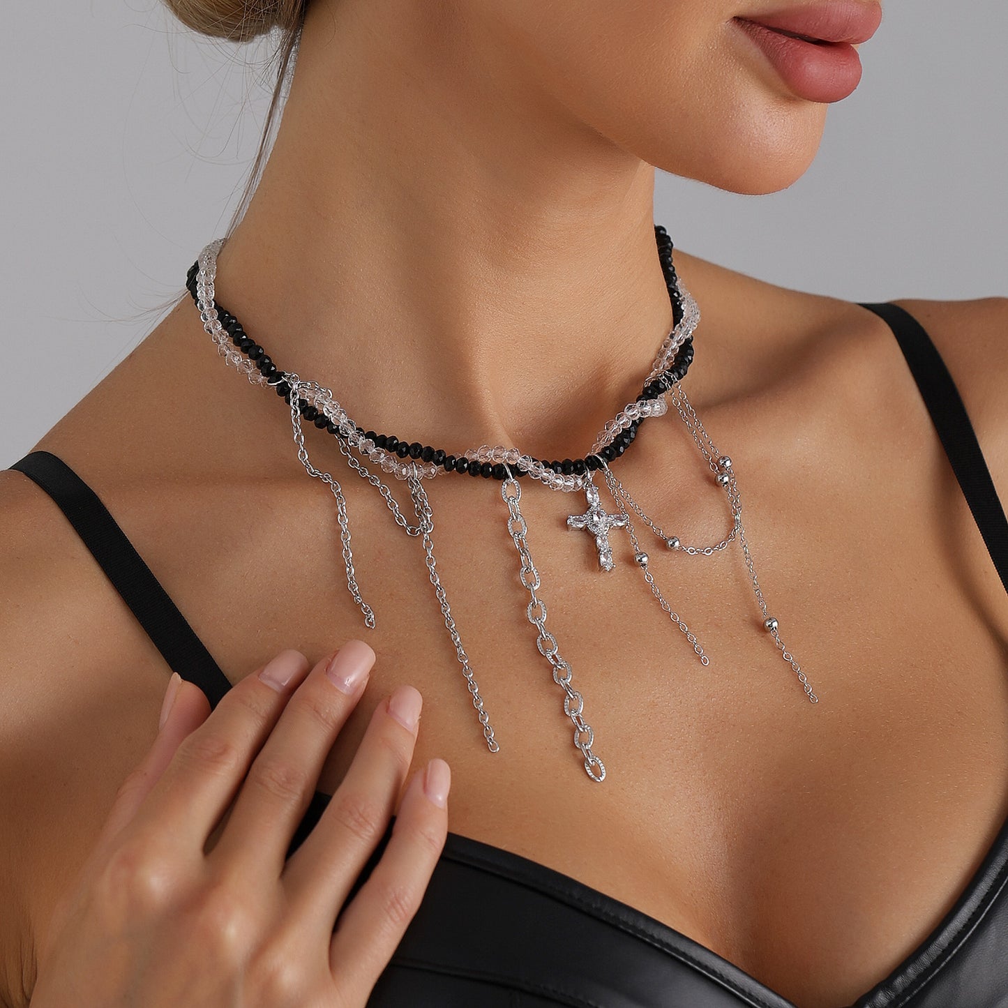 Gothic Streetwear Black and White Two-Tone Geometric Cross Alloy Pendant Necklace for Women