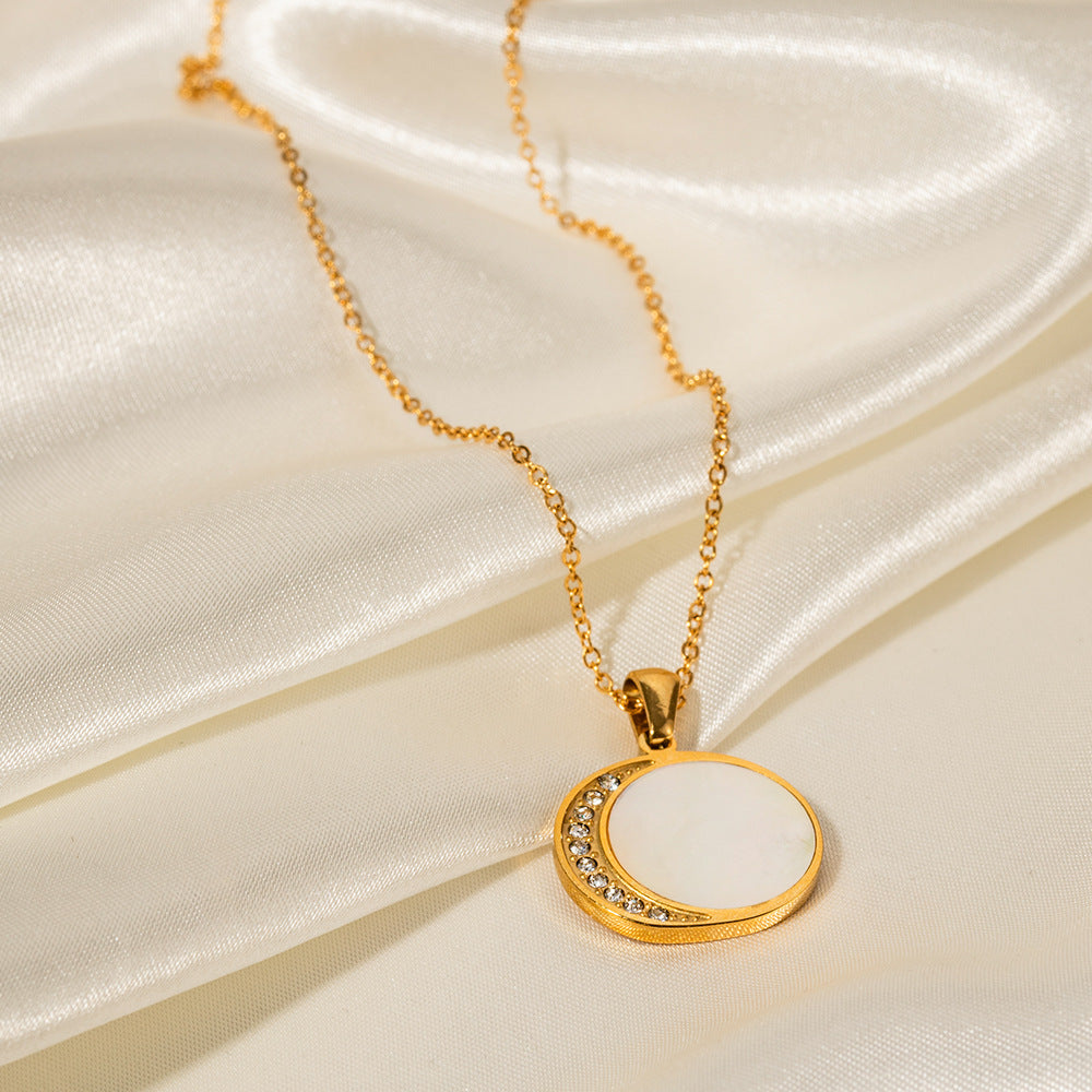 Trendy Geometric Sun and Moon Pendant Necklace with Shell and Zircon, 18K Gold Plated Stainless Steel Chain for Women