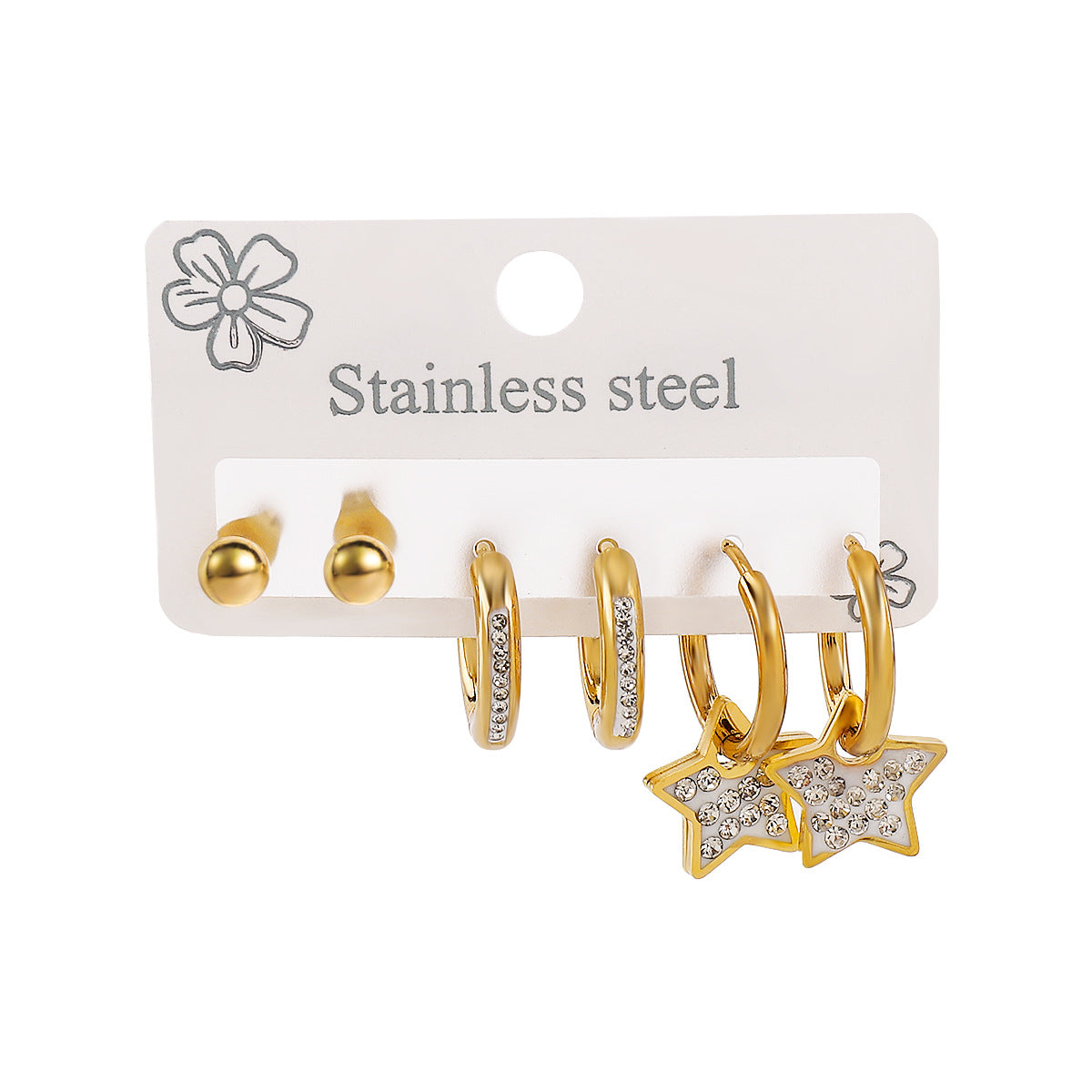 Minimalist Geometric Stainless Steel Rhinestone Ear Studs Set with Enamel Finish for Women