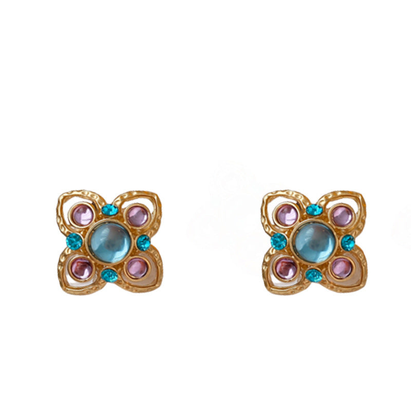 Vintage Floral Earrings with Gold Plated Copper Base and Cubic Zirconia Accents on 925 Sterling Silver Posts