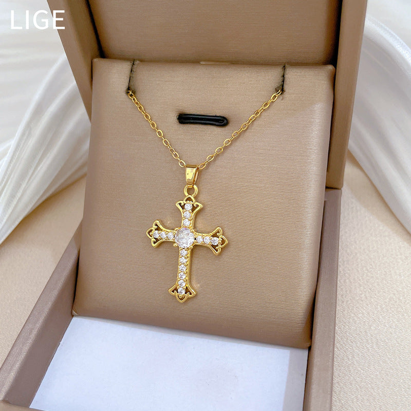 Minimalist Cross Pendant Necklace in Titanium Steel with Rhinestone Inlay for Women and Unisex, Delicate Clavicle Chain