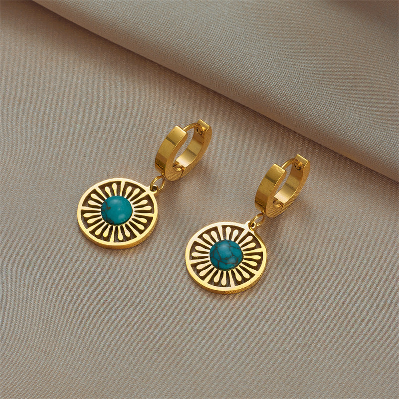 Orecchini pendenti da donna vintage minimalisti in acciaio al titanio placcato con cerchio geometrico e turchese