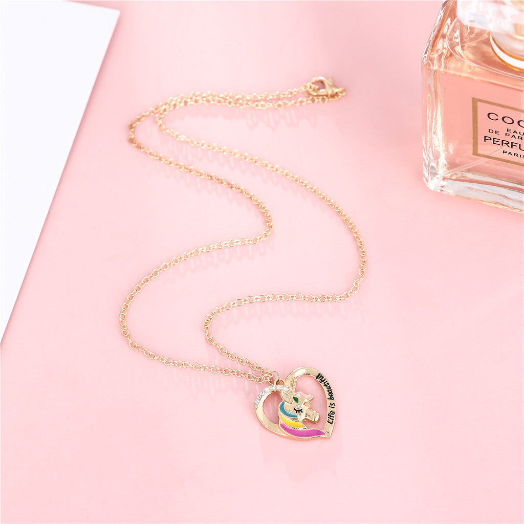 Collar colgante minimalista de unicornio para niñas, joyería de esmalte de aleación con forma de corazón, cadena O de longitud ajustable