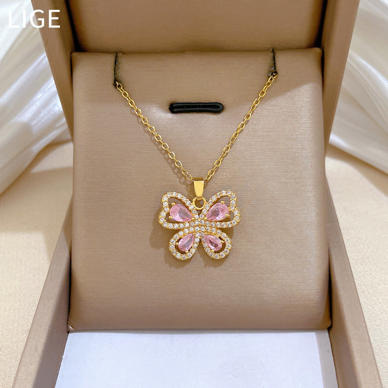 Sweet Minimalist Pink Butterfly Hollow Rhinestone Titanium Steel Necklace for Women