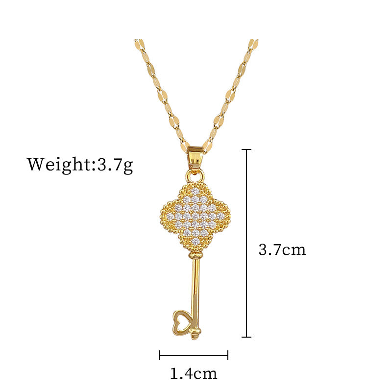 Minimalist Clover-Shaped Titanium Steel Necklace with Rhinestone Inlay for Women and Men, Delicate Clavicle Chain
