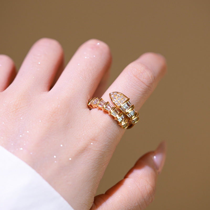 Luxury Minimalist Adjustable Open Ring for Women with Gold-Plated Copper Band and Zircon Stone Accent in Heart and Floral Shape