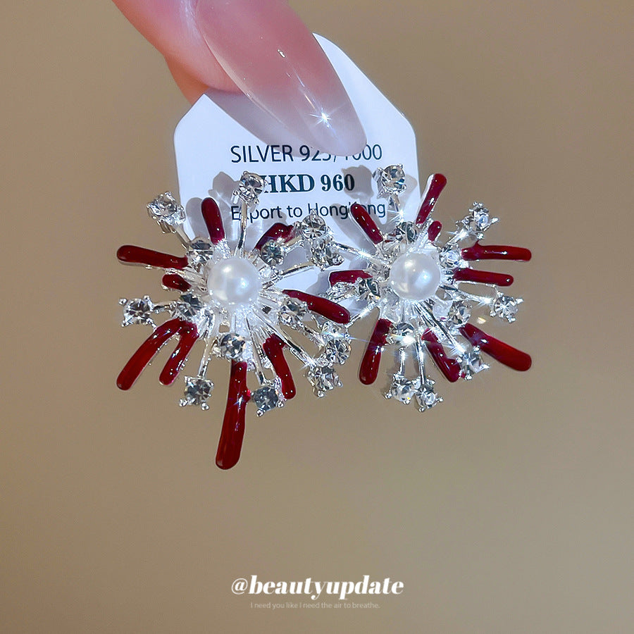 Orecchini a Perno in Perla Eleganti di Lusso con Dettagli in Strass e Design a Fuoco d'Artificio Smaltato per Donna