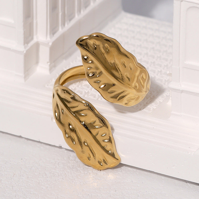 Minimalist Leaf-Shaped Stainless Steel Open Ring with Plating Finish for Women