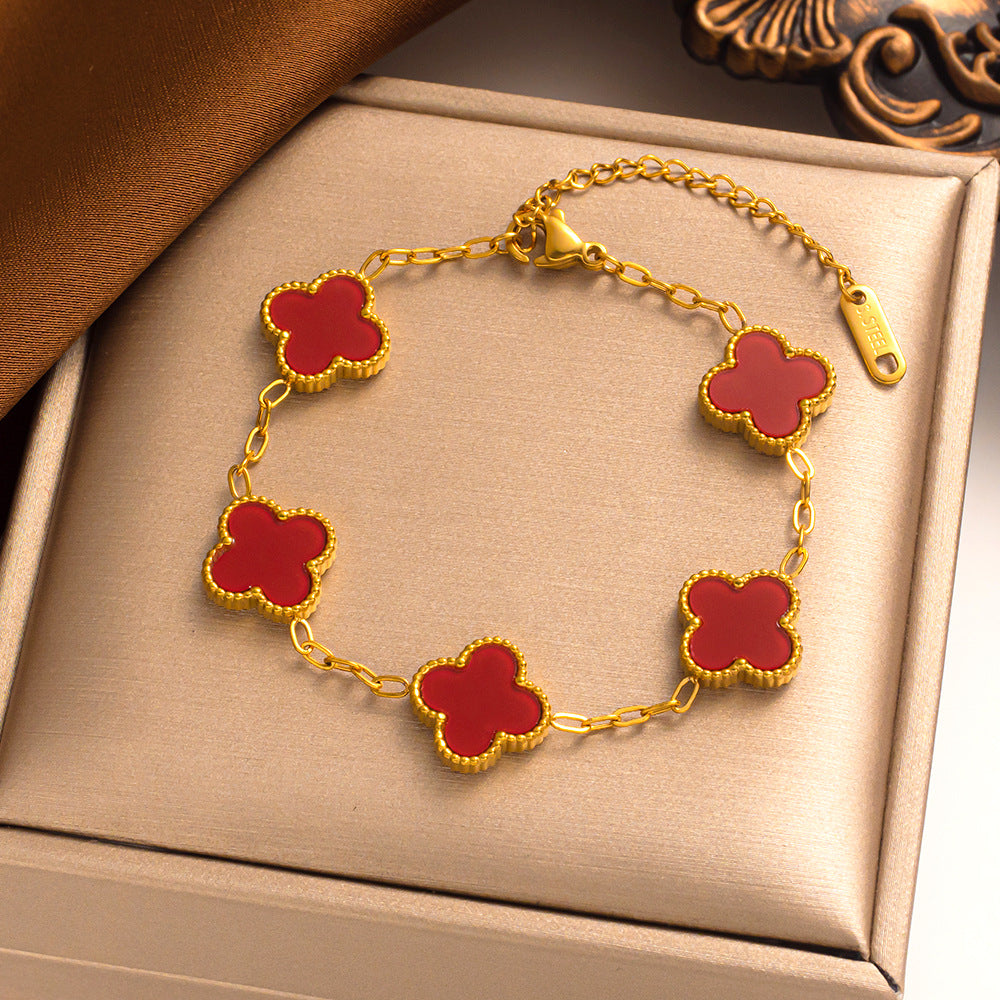 Set di collana, bracciale e orecchini a lobo da donna in acciaio al titanio minimalista con quadrifoglio fortunato