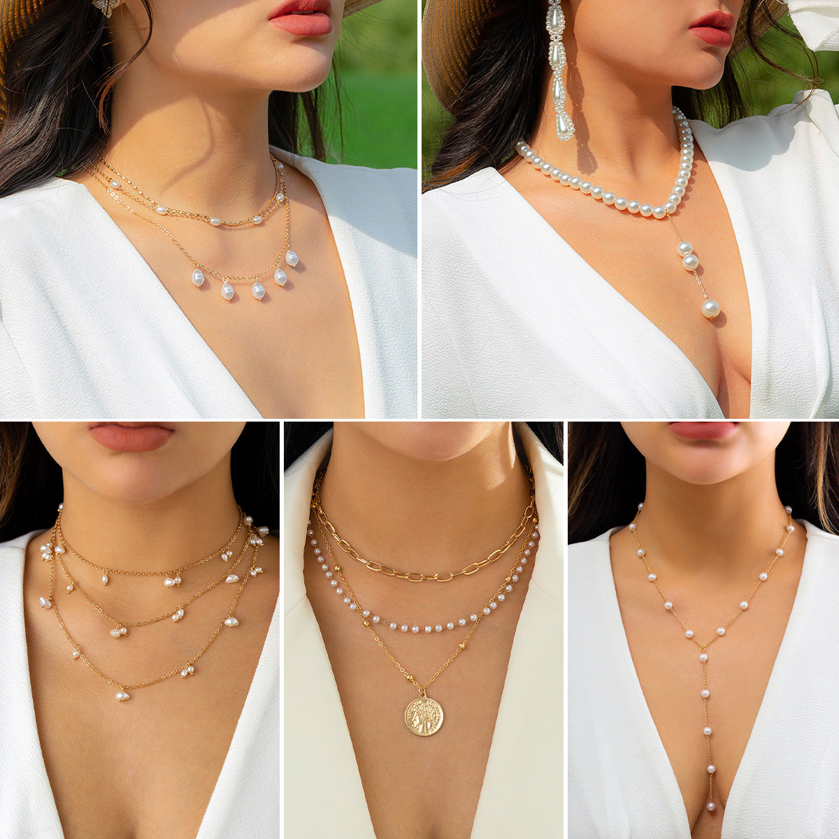 Vintage Minimalist Teardrop Faux Pearl Plated Necklace Curb Chain Women's Jewelry