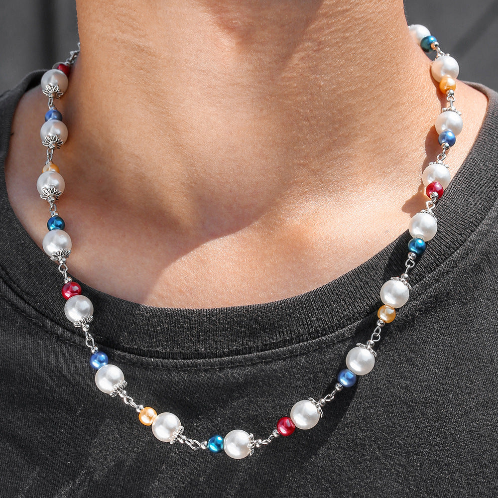 Hip-hop Colorful Imitation Pearl Geometric Ball Chain Necklace Unisex Multi-layer Plated