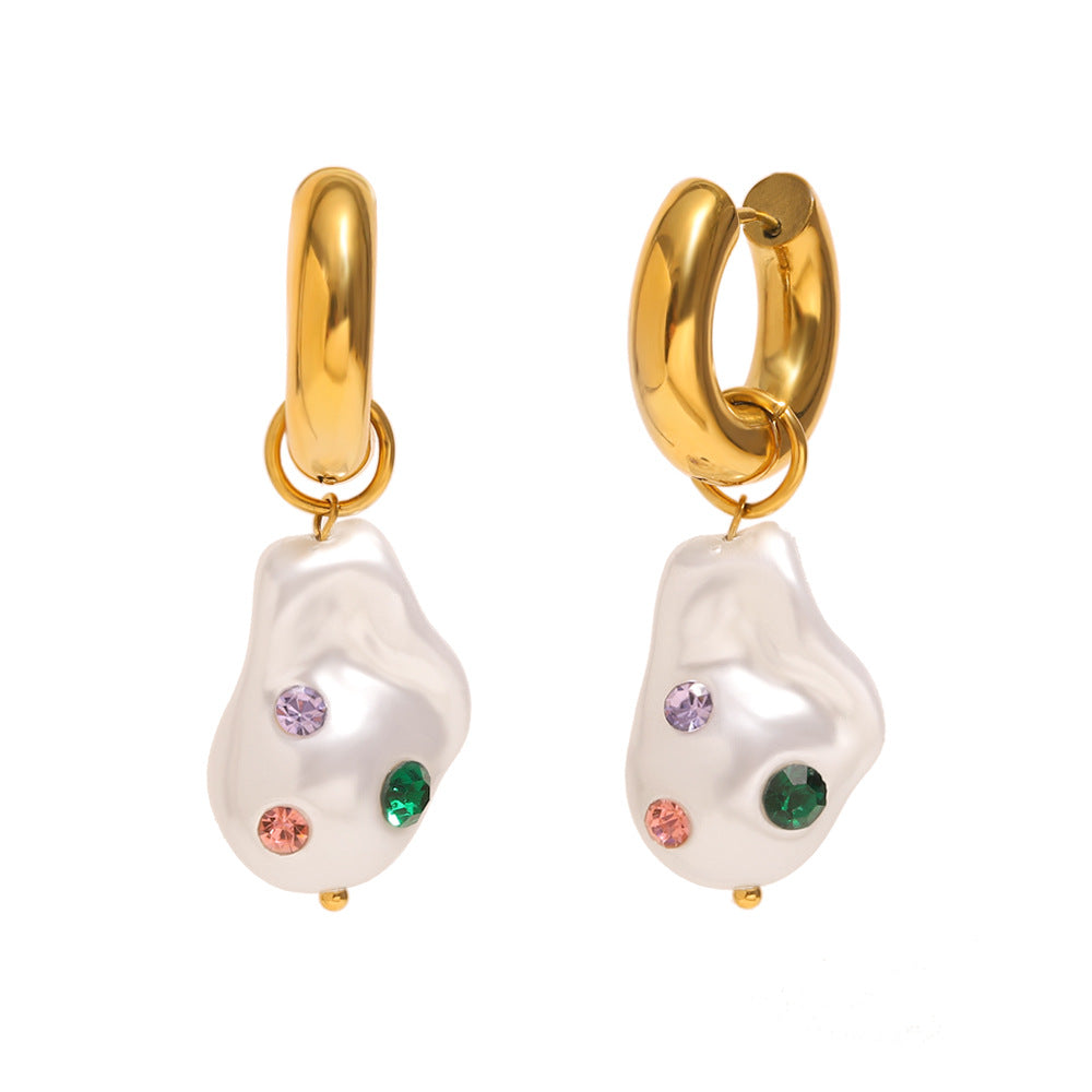 Vintage French Style Geometric Stainless Steel 18K Gold Plated Ear Rings for Women with Colorful Rhinestones and Simulated Pearls