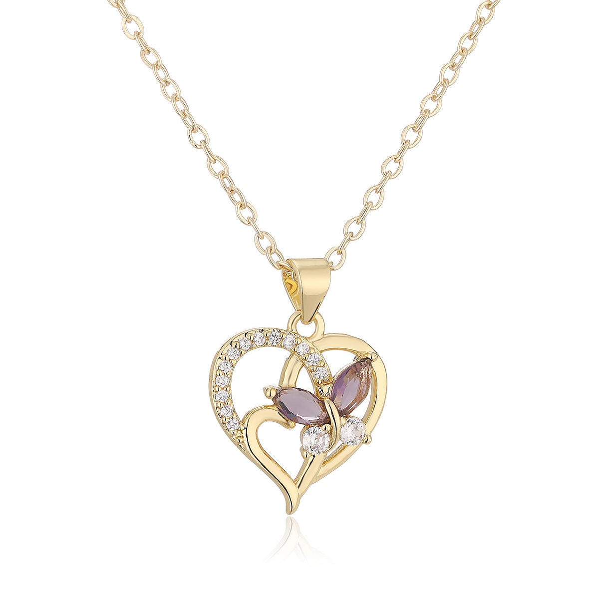 Minimalist Gold Plated Brass Heart Flower Cubic Zirconia Pendant Necklace for Women