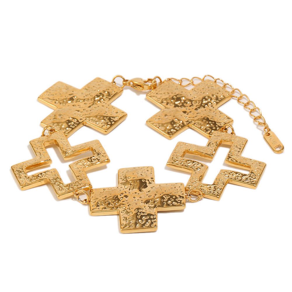 Elegant 18K Gold Plated Hammered Geometric Cross Bracelet for Women