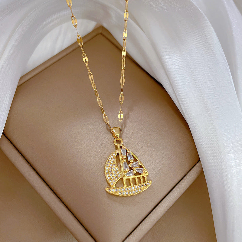 Minimalist Sailboat Pendant Necklace for Women in Titanium Steel with Rhodium Plating, Geometric Design, Delicate Clavicle Chain