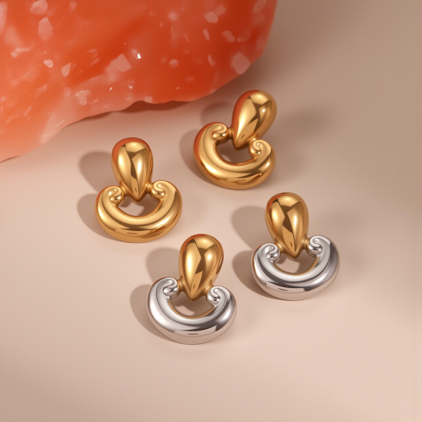 Pendientes de mujer de acero inoxidable con diseño geométrico y de gota de agua, chapados en oro de 18 quilates y plata.