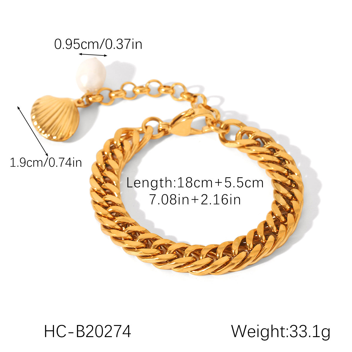 Elegant French Luxury Freshwater Pearl Bracelet for Women with 18K Gold Plated Stainless Steel Cuban Chain and Geometric Design