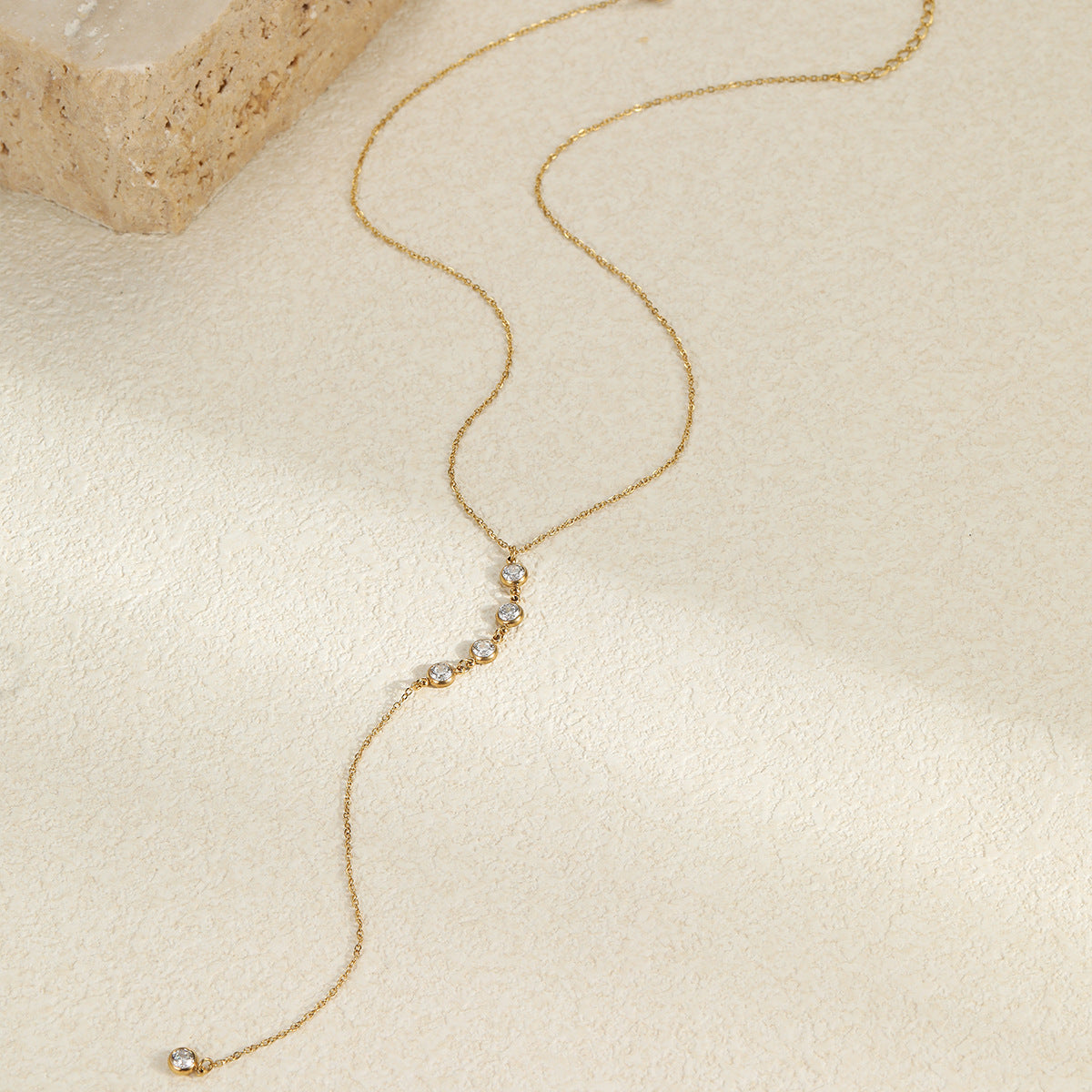 Fashionable OL Style Geometric Stainless Steel Y-Necklace with Colorful Zircon Inlay for Women