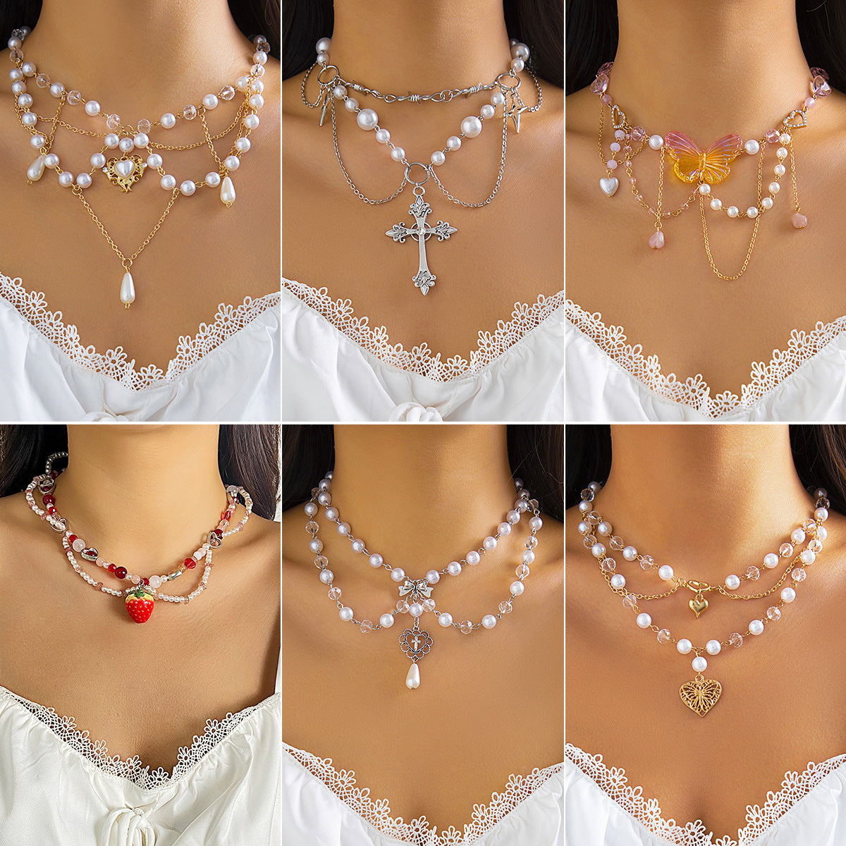 Collana con ciondolo a farfalla fragola rustico chic da donna con dettagli in perle sintetiche e frange su catena di perle