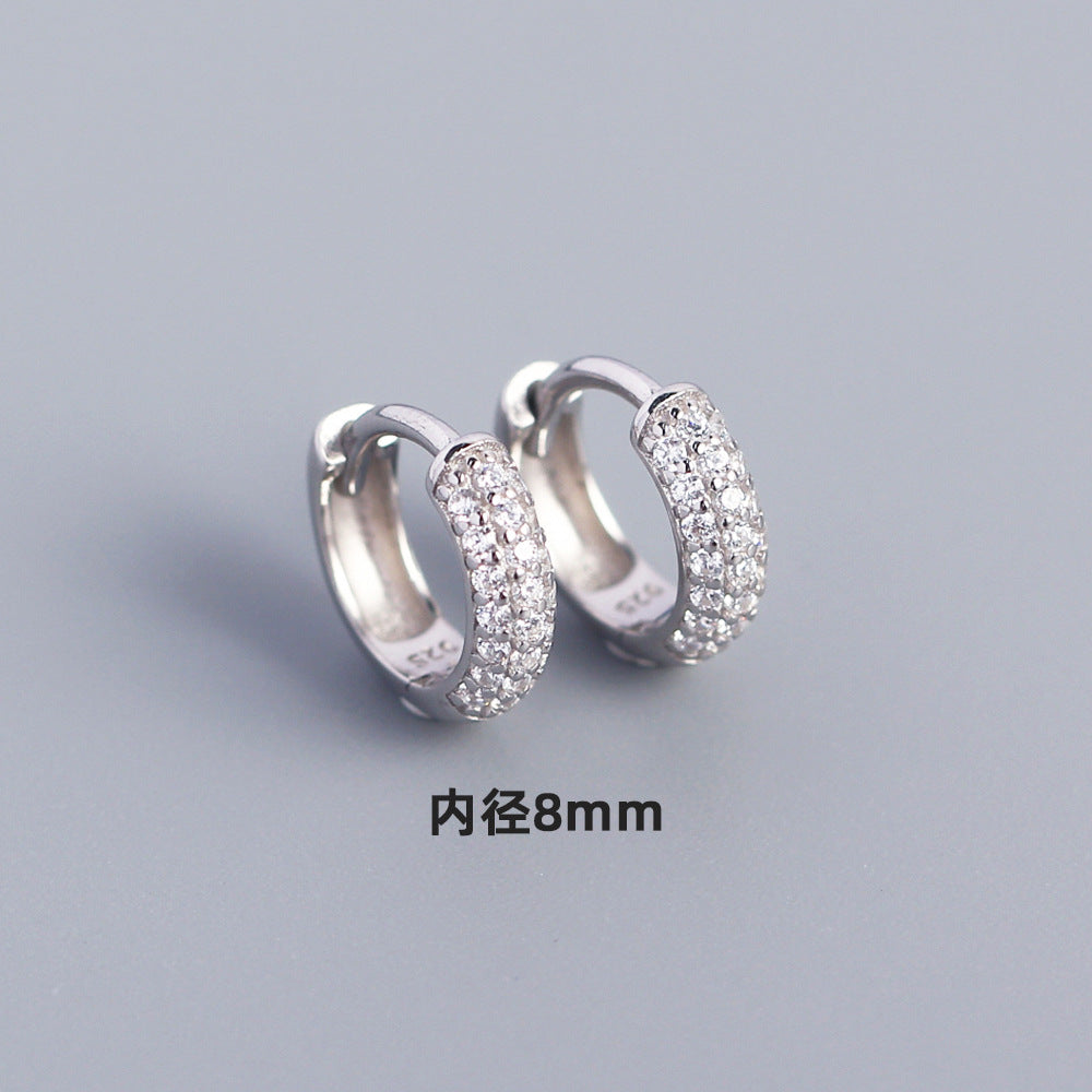 Minimalist Geometric S925 Sterling Silver Huggie Hoop Earrings with Triple Row Rhinestone Inlay