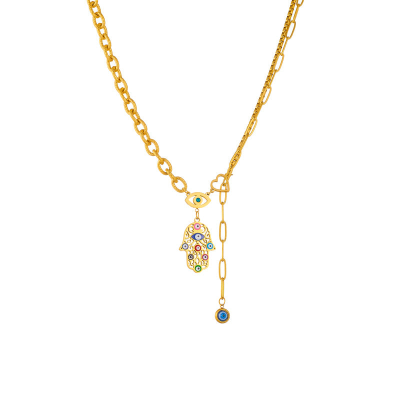 Vintage Gold Plated Hand Eye Pendant Stainless Steel Cable Chain Necklace Jewelry Set for Women