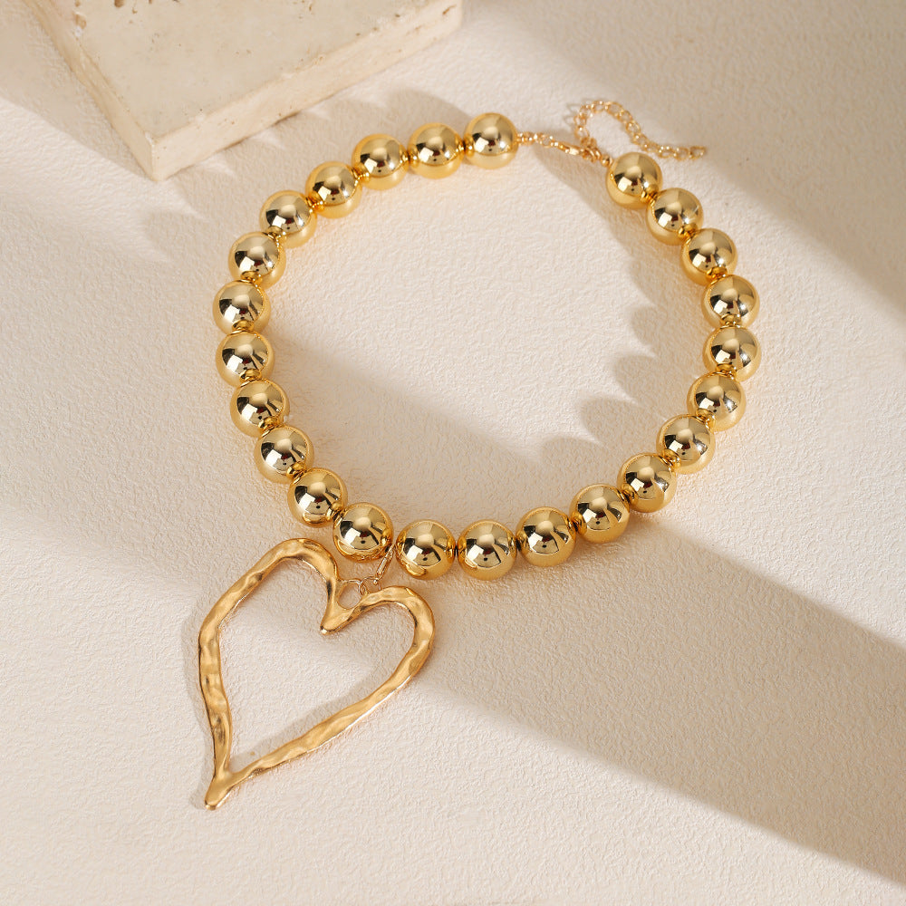 Irregular Geometric Heart Pendant Alloy Beaded Cable Chain Necklace
