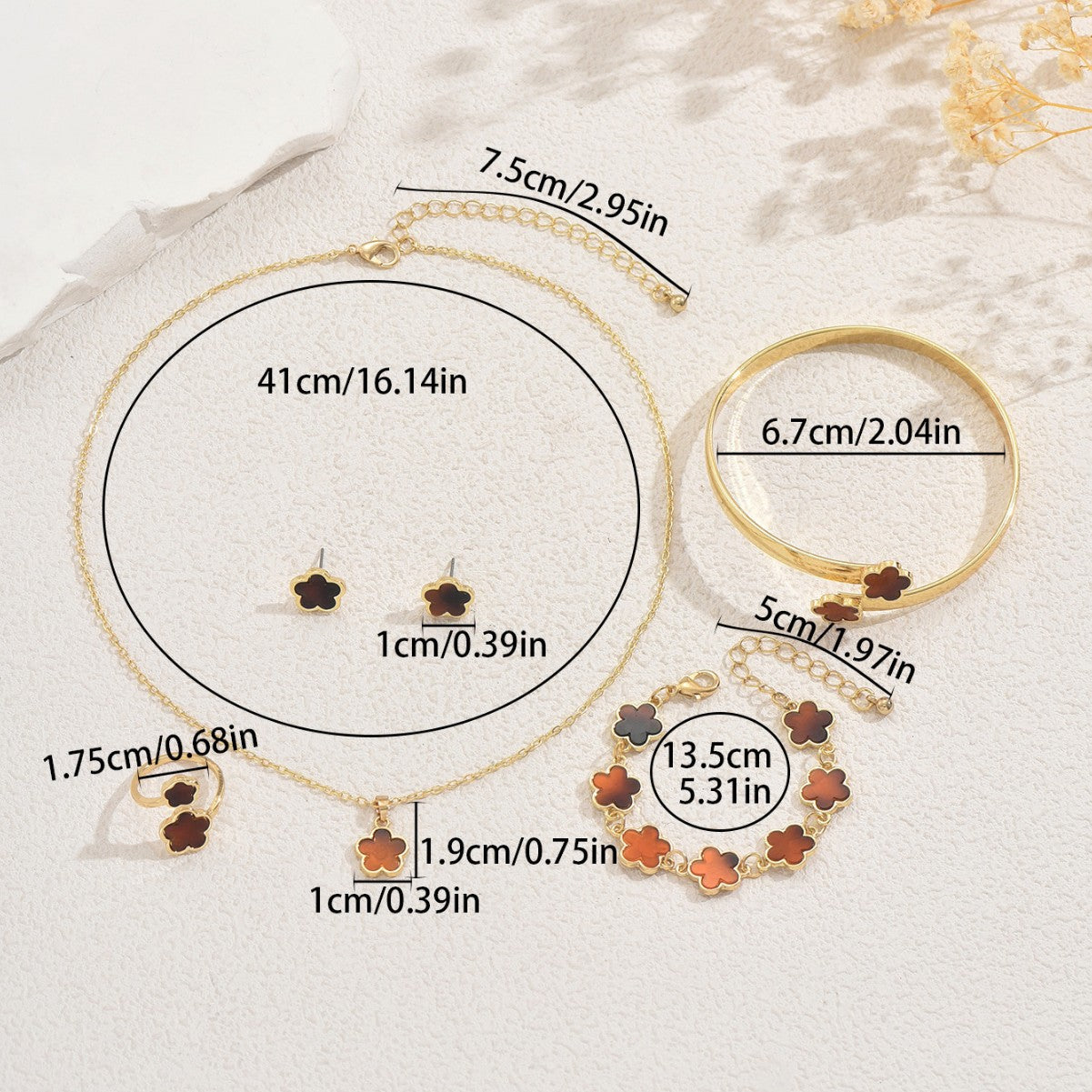Conjunto de collar con colgante de trébol floral para mujer con material de aleación y artesanía de incrustación que incluye pendientes, pulsera y anillo