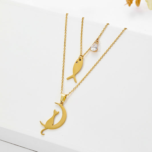 Vintage Gold Plated Moon and Cat Animal Shape Alloy Pendant Stainless Steel Cable Chain Necklace