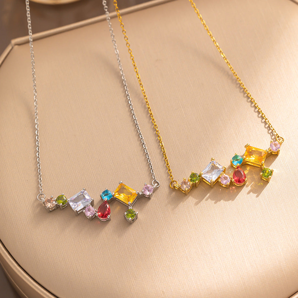 Minimalist Geometric Titanium Steel Necklace with Rhinestone Inlay for Women, Candy-Colored Shimmering Clavicle Chain