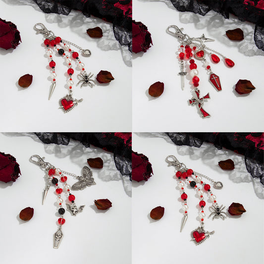 Gothic Skull Bat Rivet Heart Teardrop Crystal Tassel Keychain Alloy Plated Charm