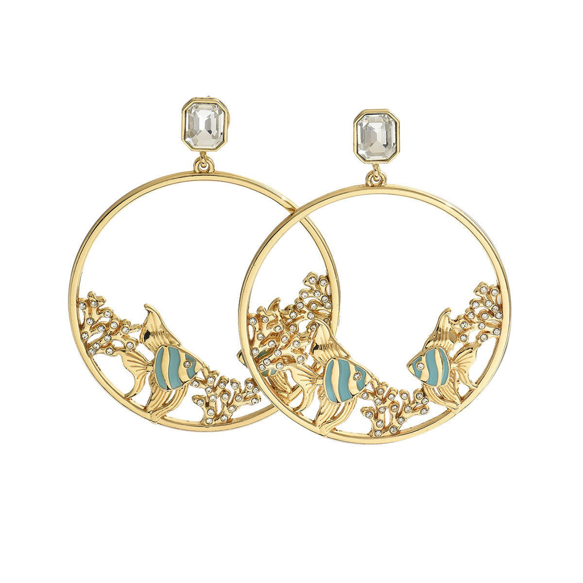 Pendientes minimalistas de pescado geométricos de moda con incrustaciones de diamantes de imitación, aretes de aleación de zinc chapados en oro de 18 quilates para mujer
