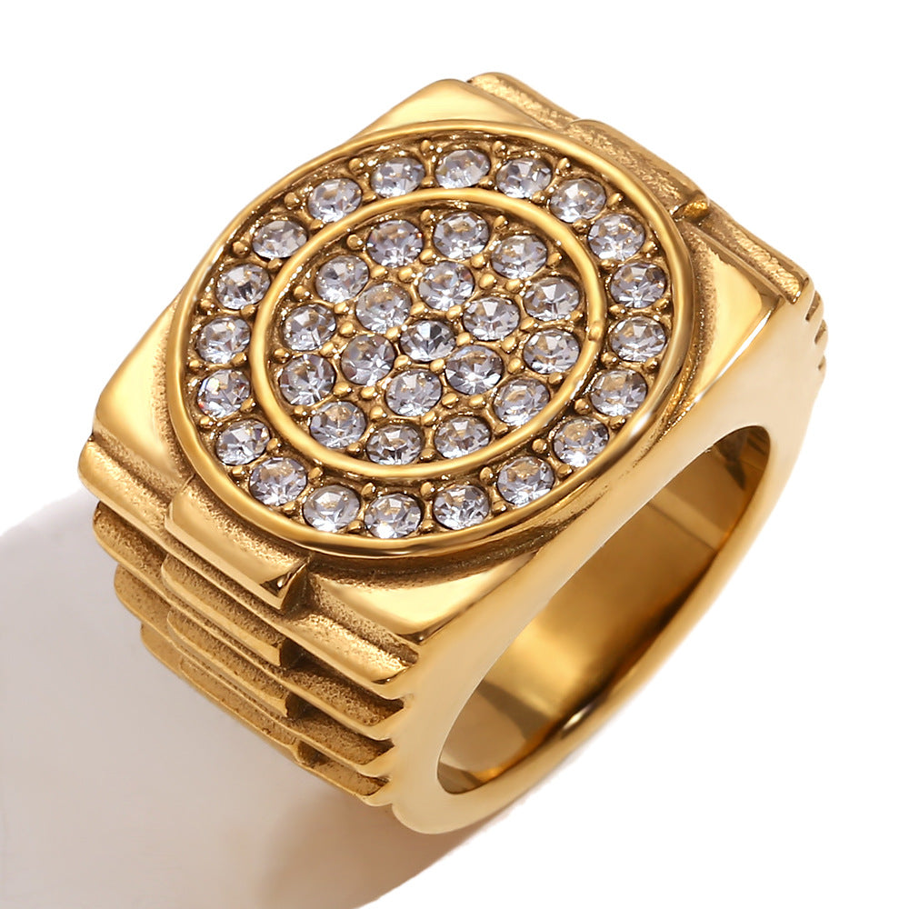 Vintage-Inspired Geometric Stainless Steel Ring for Men with 18K Gold Plating