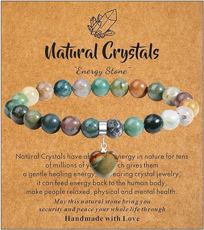 Minimalist Natural Stone Beaded Bracelet with Heart Pendant Unisex Elastic Stretch Bangle