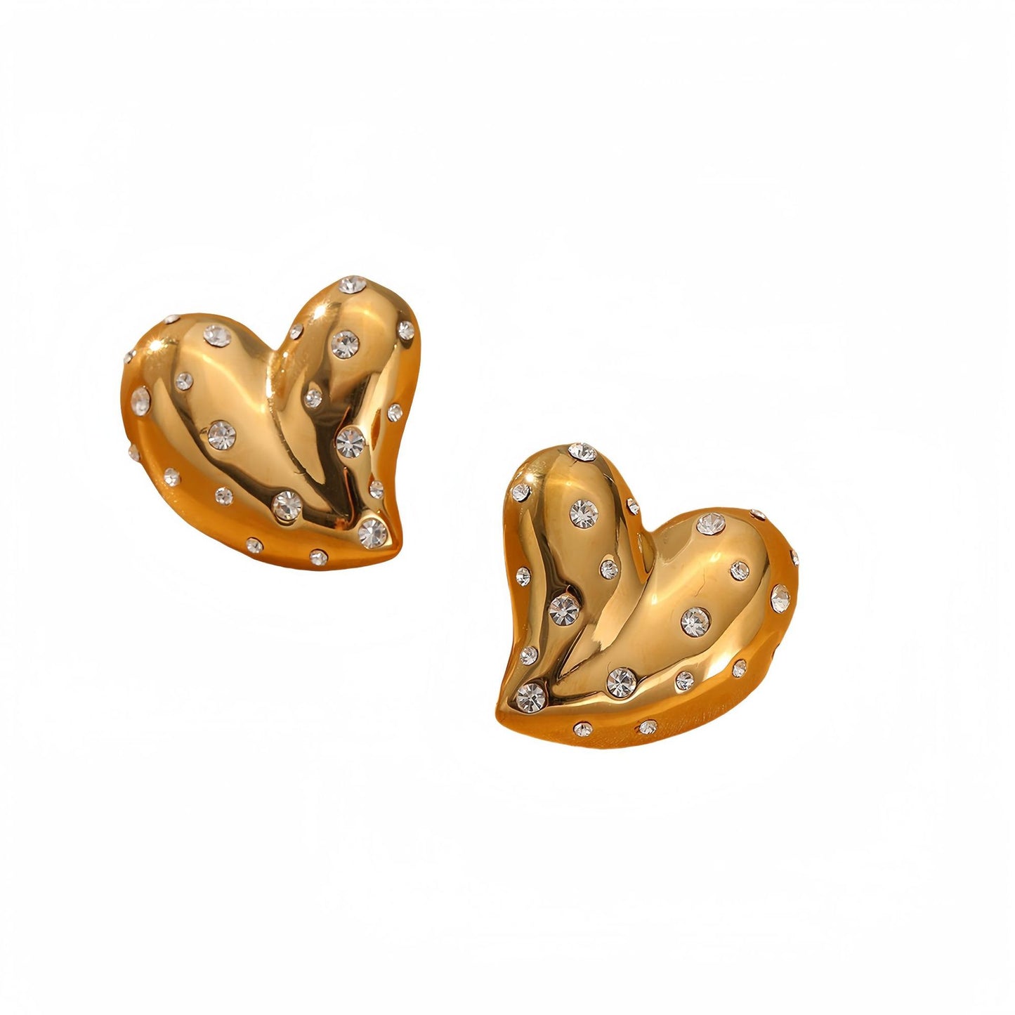Vintage Heart-Shaped Stainless Steel Earrings with 18K Gold Plating and White Rhinestone Inlay for Women