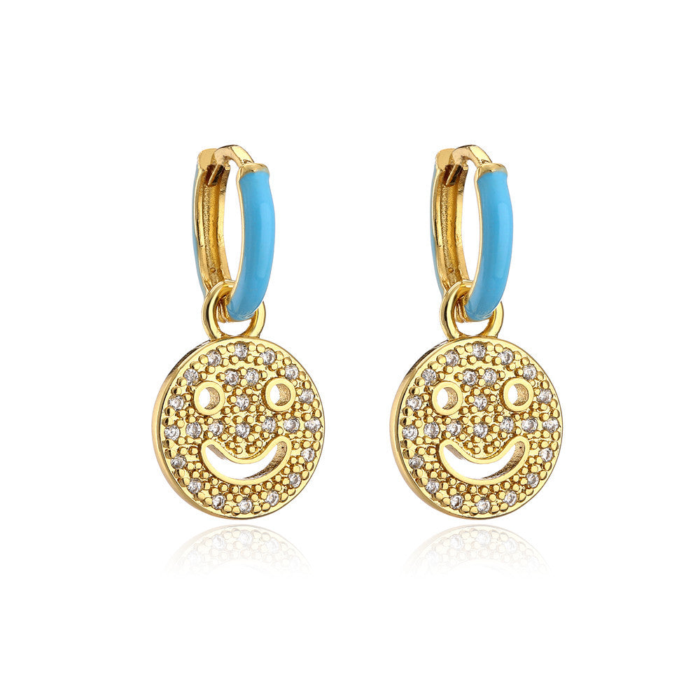 Sweet Geometric Drip Oil Brass Micro-Paved Cubic Zirconia 18K Gold Plated Smile Earrings