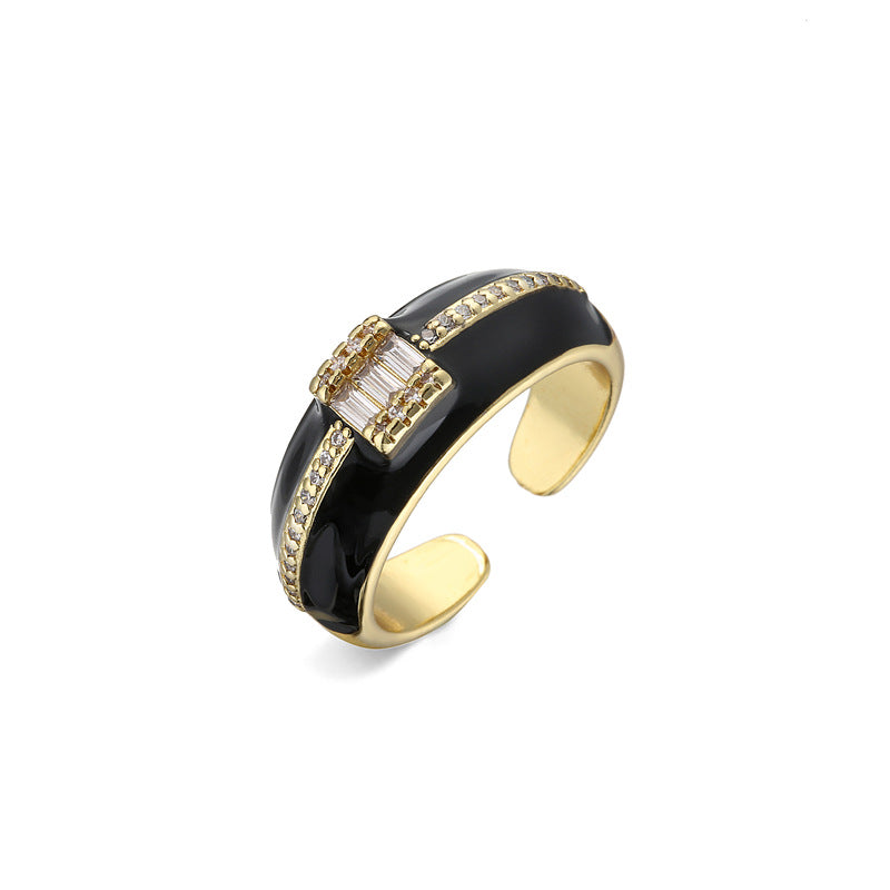 Geometric Micro-inlay Cubic Zirconia 18K Gold Plated Drip Oil Brass Ring for Women