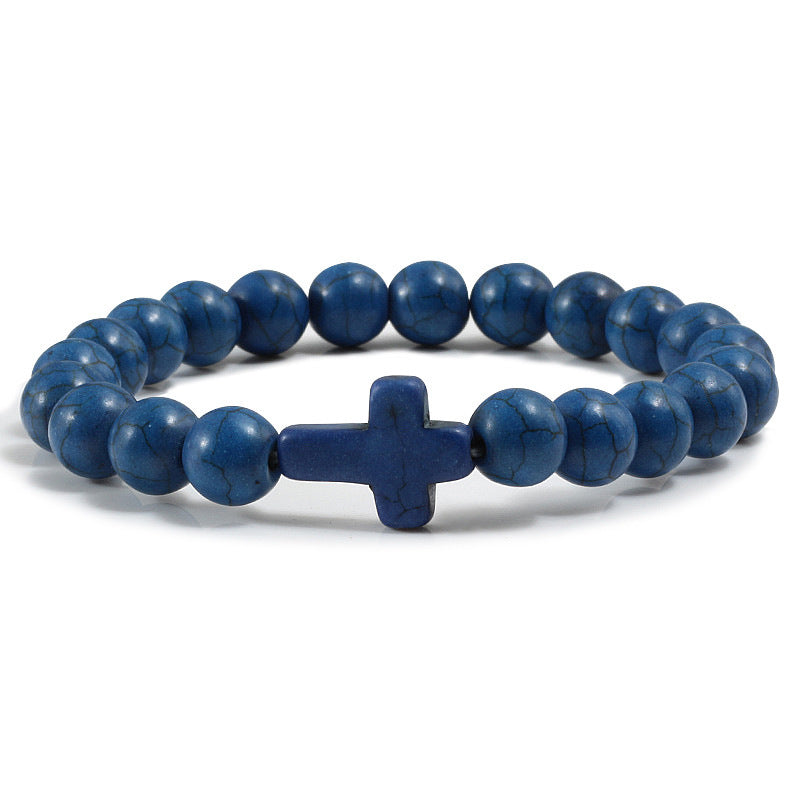 Natural Turquoise Cross Beaded Bracelet 8mm Round Stone Unisex Handmade Jewelry