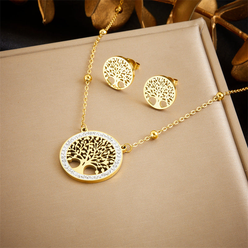 Fashion Office Stainless Steel Plated Round Tree of Life Pendant Necklace and Earrings Set